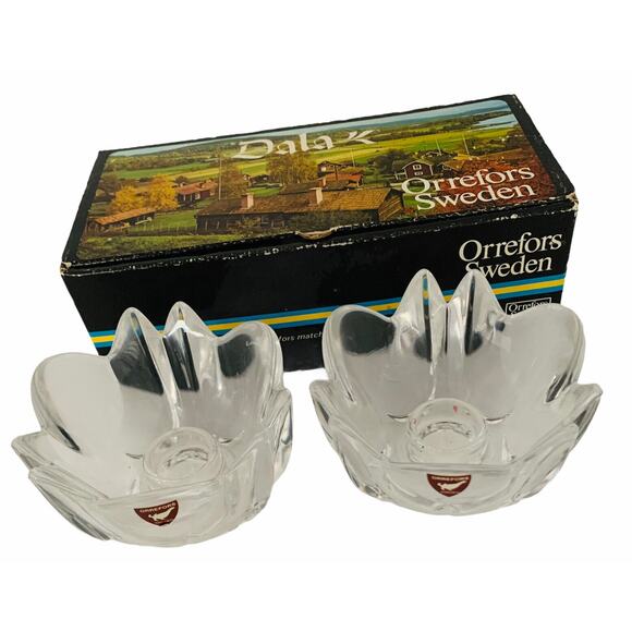 Vintage Orrefors Sweden Pair of Dish Taper Candleholders 4304 Lars Hellsten - Picture 1 of 12